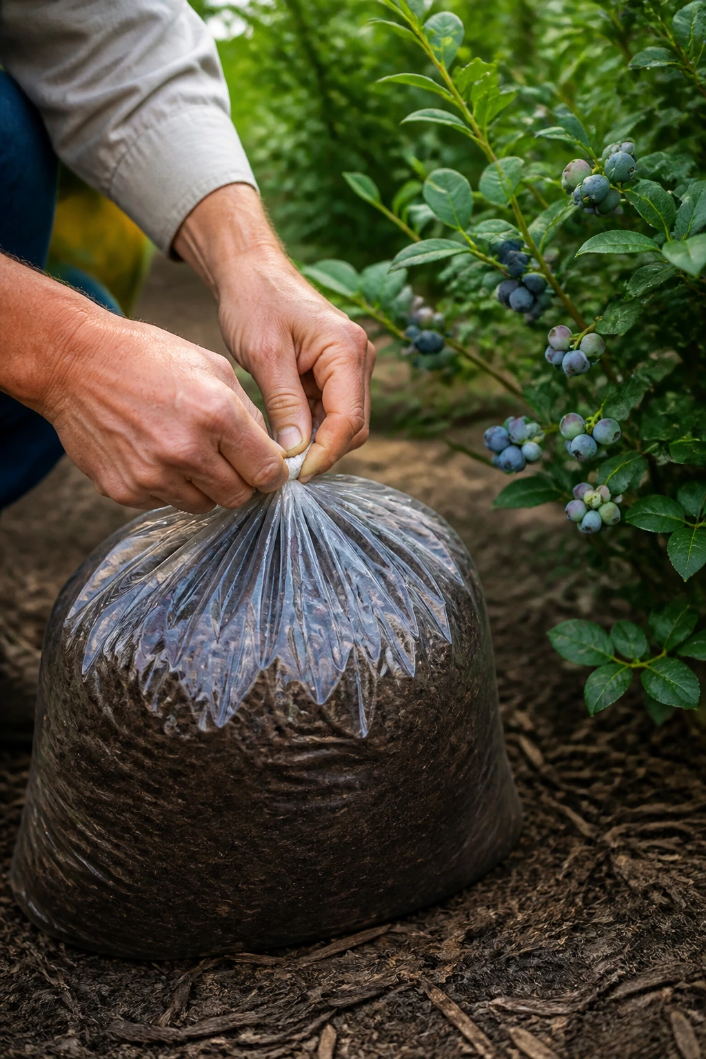 Is Manure Good for Blueberries? Which is the Best Manure? 5 Hands tying a compost bag beside a blueberry plant