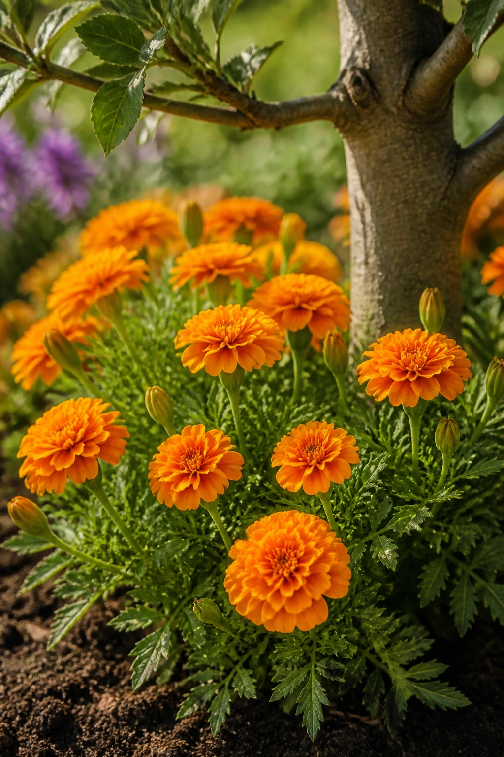 Marigold flowers around a fruit tree base