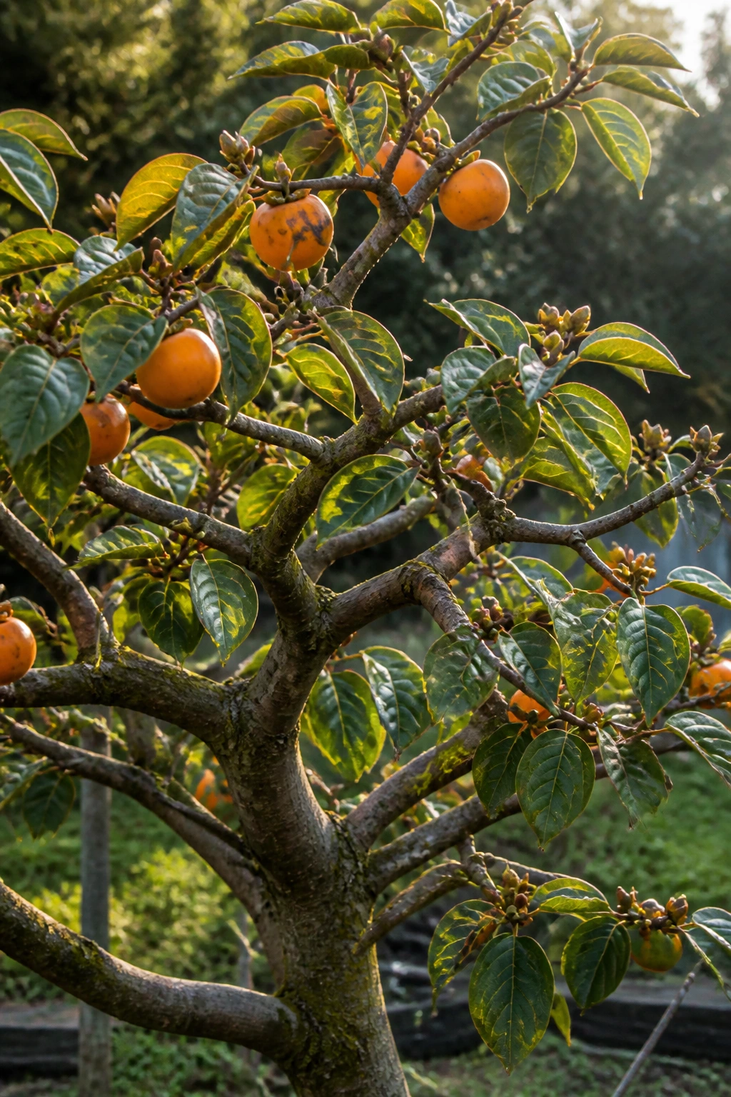 Mature persimmon tree with balanced branches in a garden