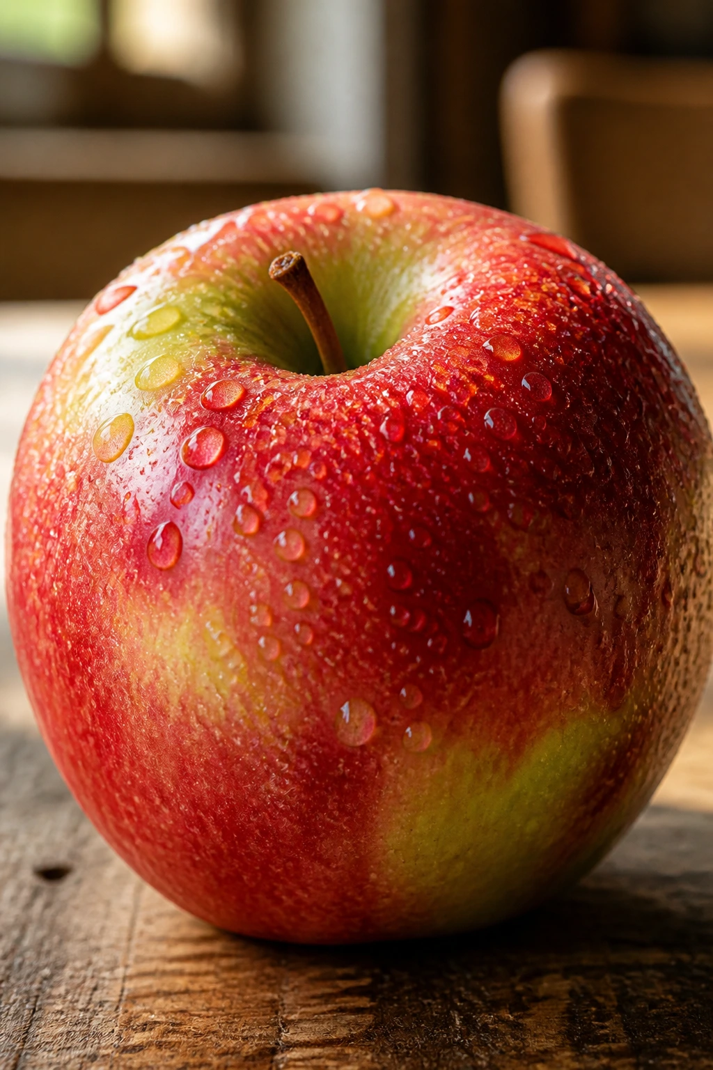 Close-up of a single Mcintosh apple on a wooden kitchen counter.