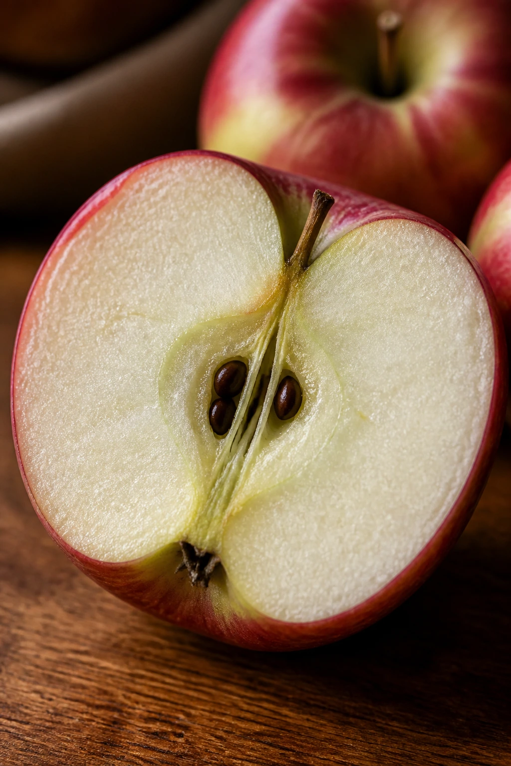 Halved Mcintosh apple exposing flesh on a wooden surface.