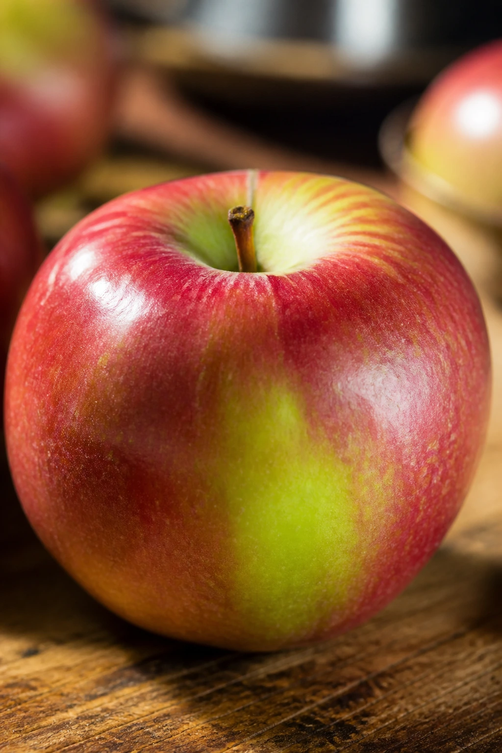 Ripened Mcintosh apple on a wooden counter.