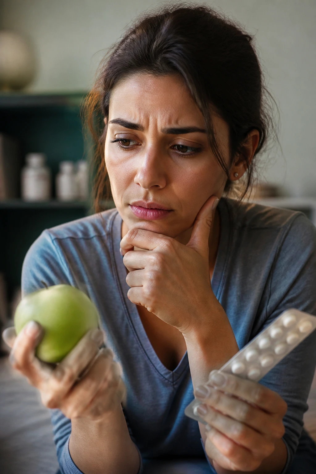 10 Surprising Disadvantages Of Eating Fruits At Night 9 Real person with worried expression in home setting, background hints at medications