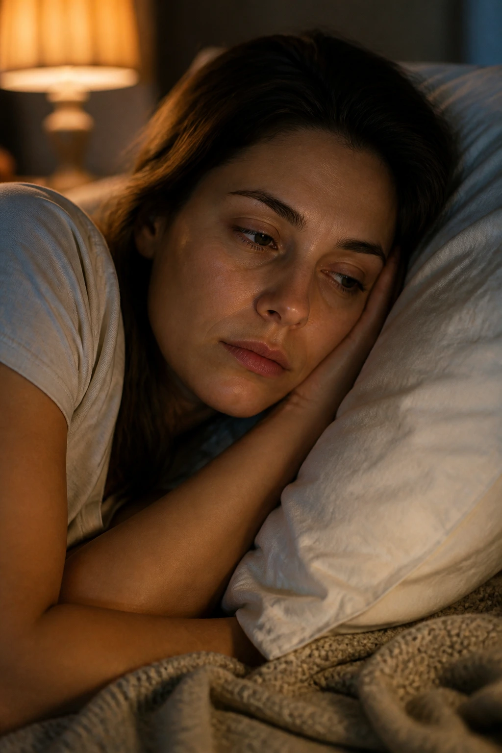 Close-up of a real person in bed, eyes half-closed and restless