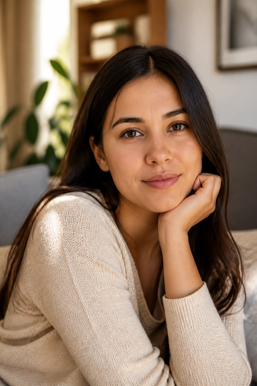 Close-up portrait of a real woman in a warm living room