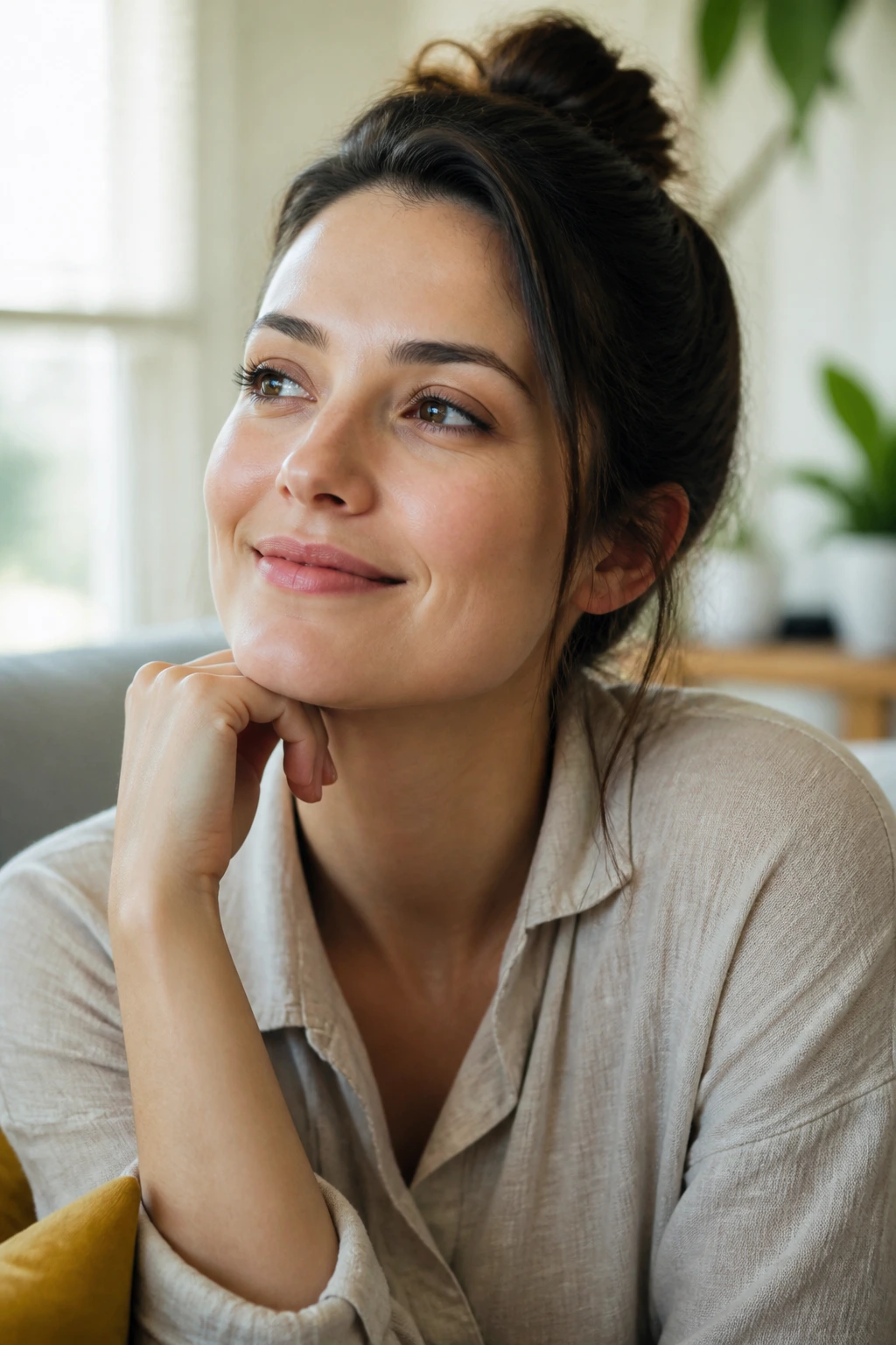 Close-up portrait of a real woman with a calm expression in soft-lit indoor setting