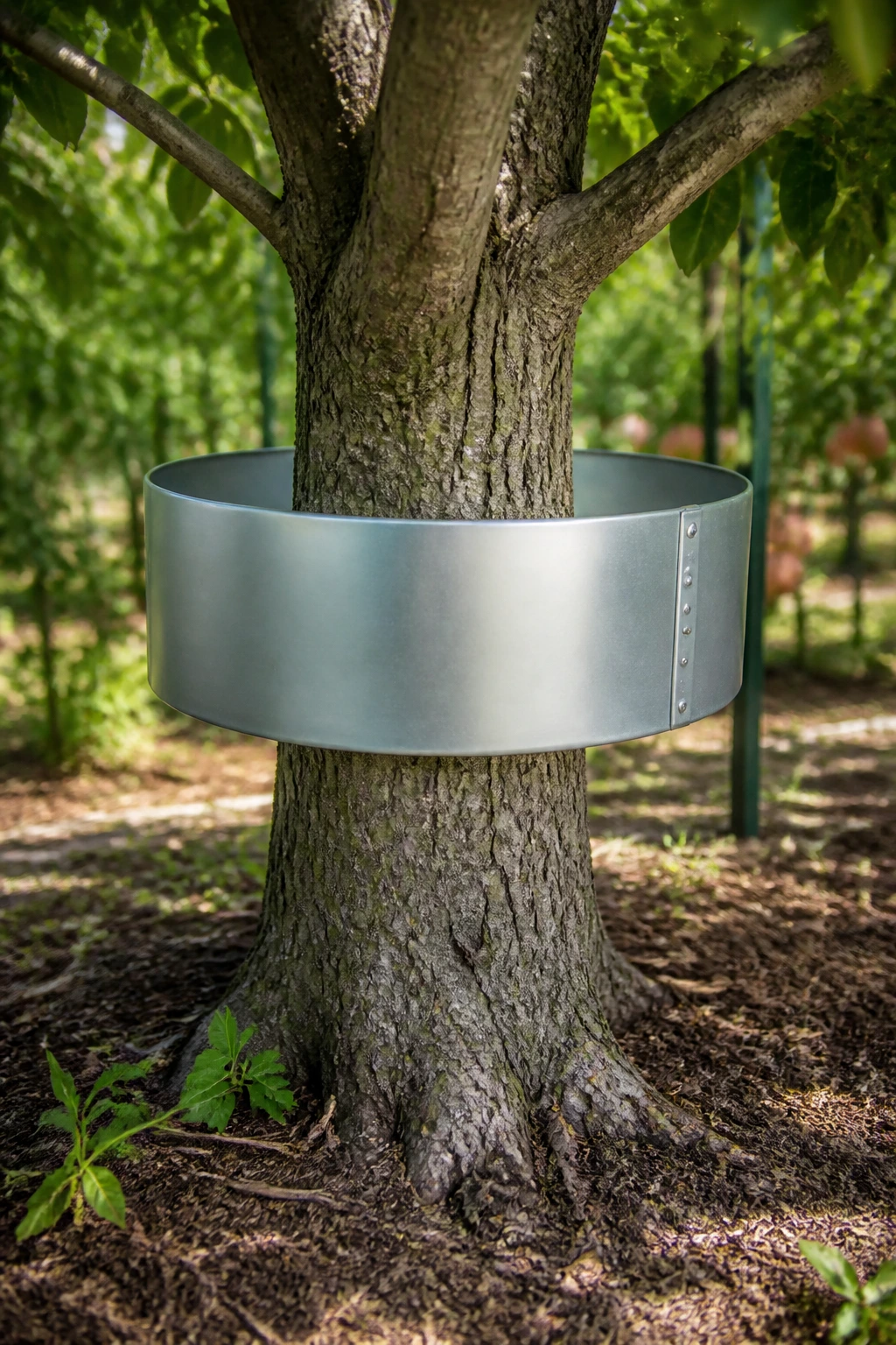 Metal barrier ring around a tree trunk in a backyard garden.