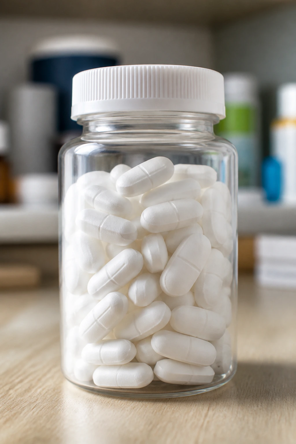 Close-up of metformin tablets filling the frame in a clear bottle on a wooden surface