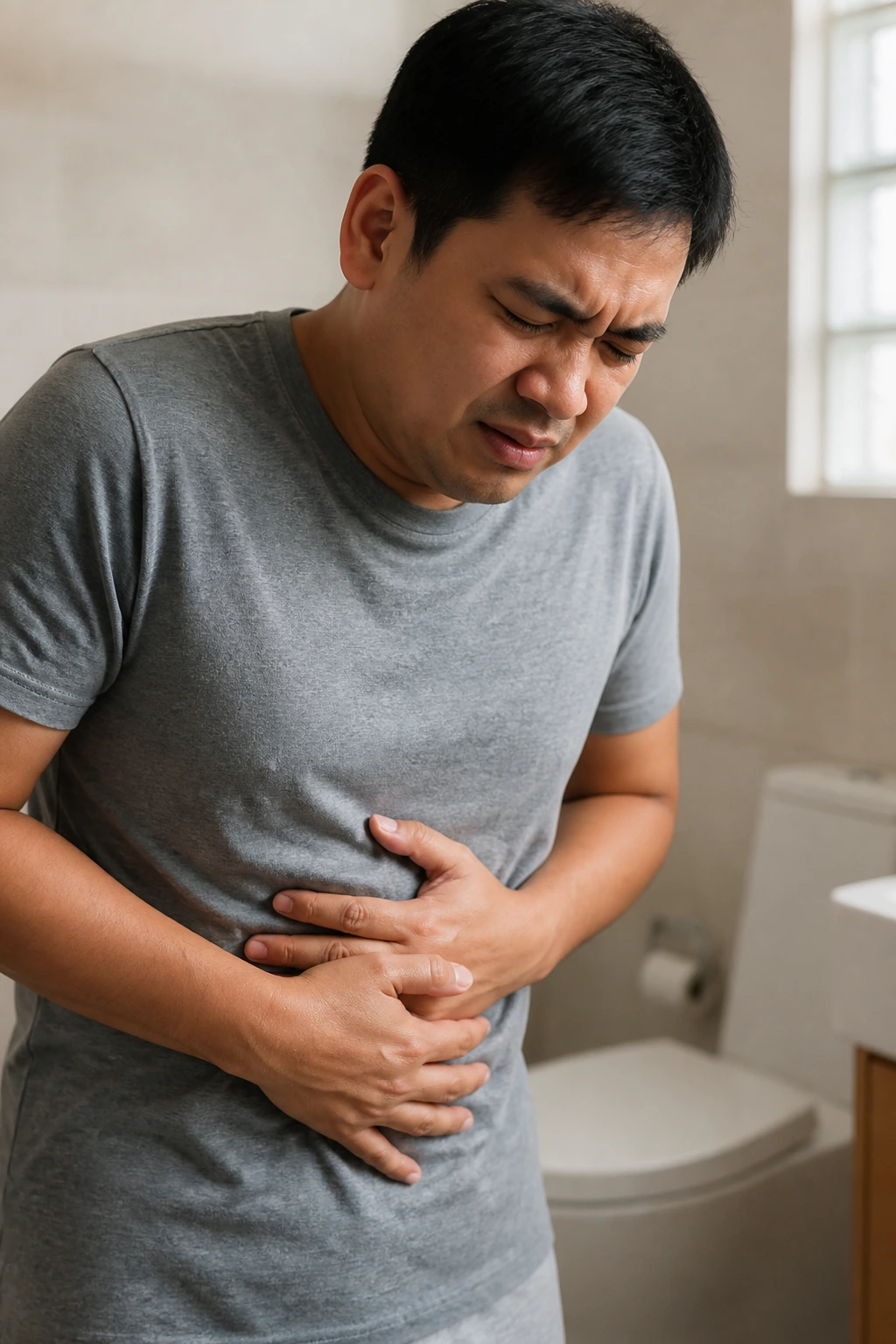 Real person clutching stomach in a bathroom to depict metformin side effects