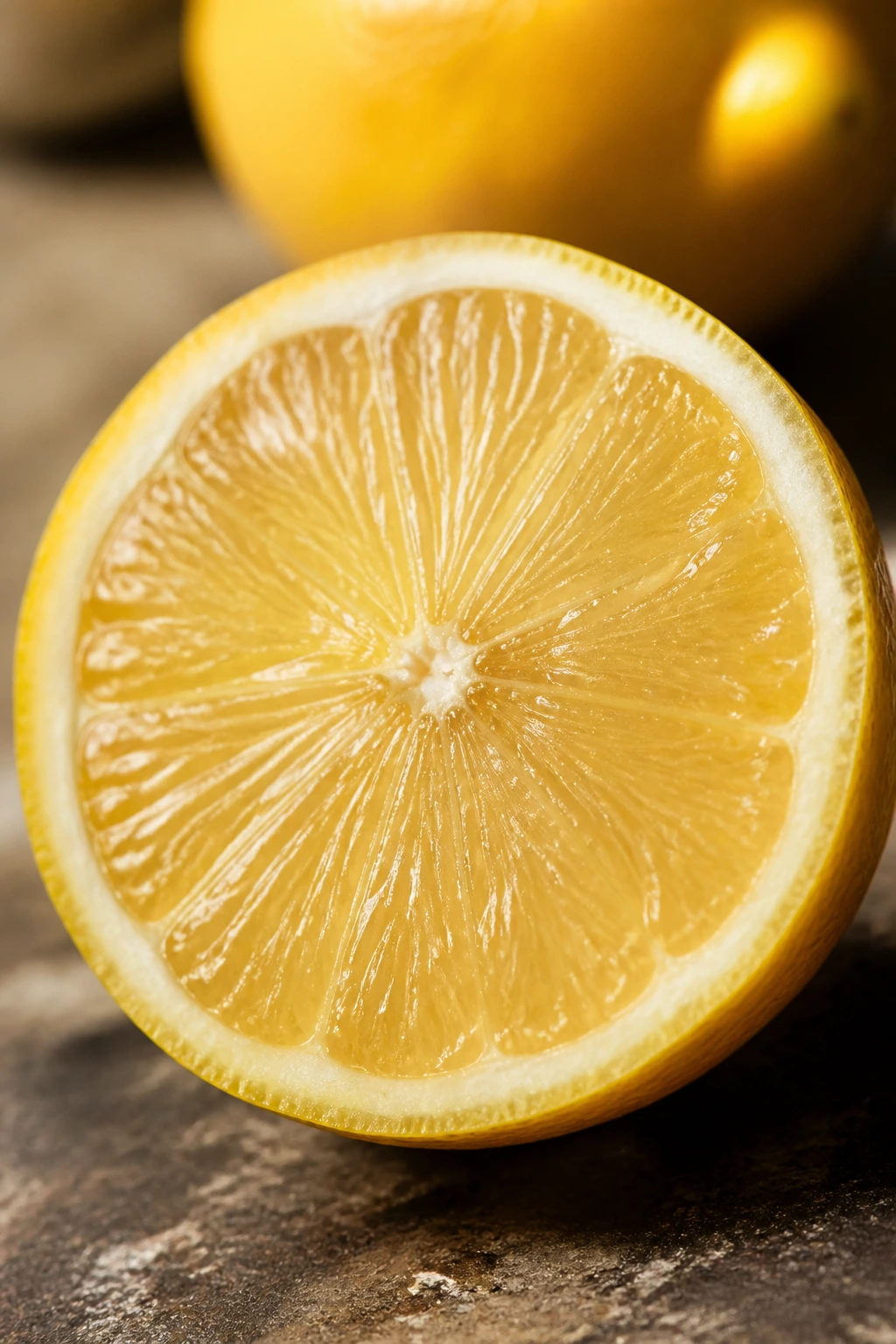 Close-up of halved Meyer lemon showing pale flesh on a warm counter
