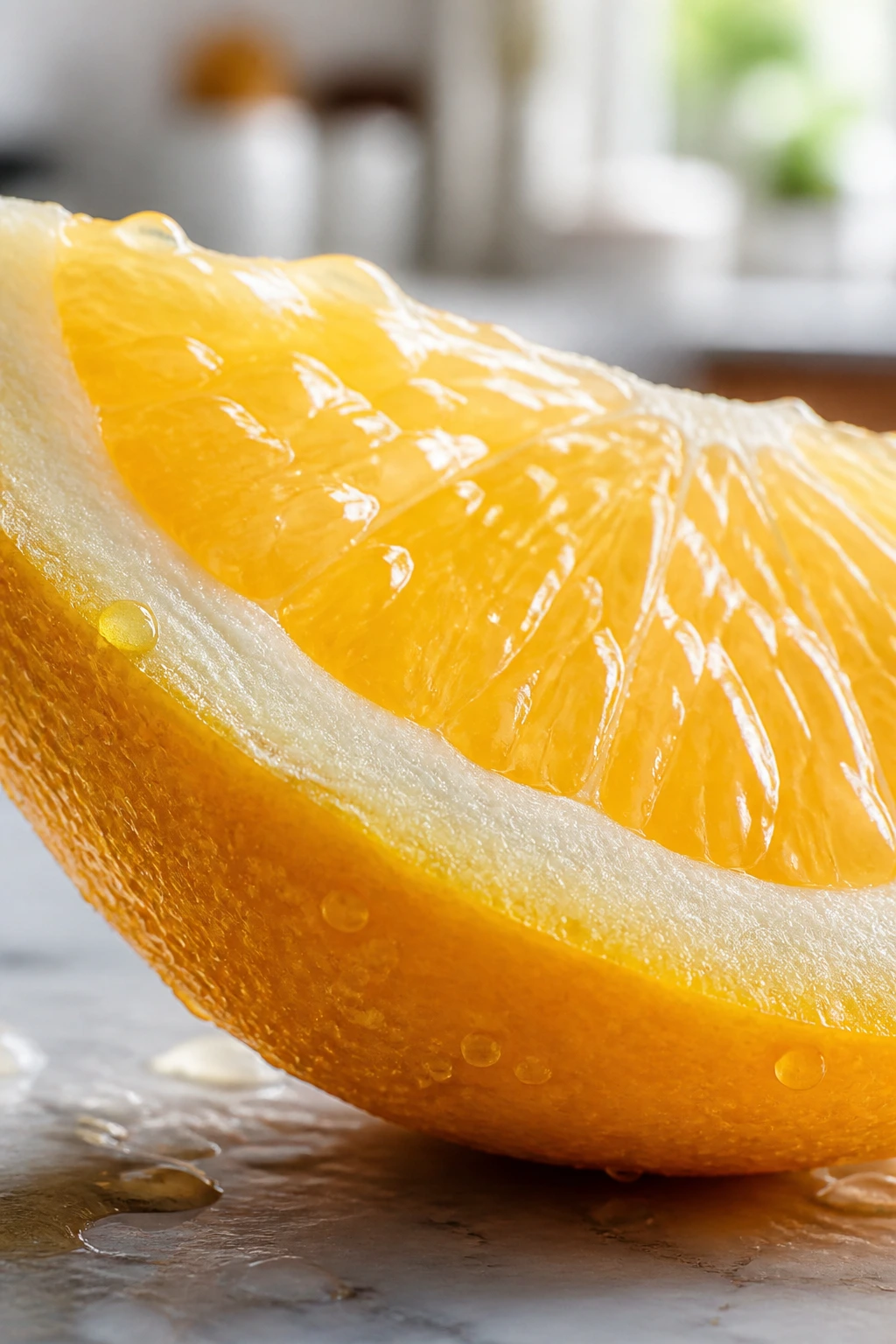 7 Incredible Health Benefits Of Eating Meyer Lemons 1 Close-up of a Meyer lemon wedge highlighting vitamin C, dew on rind, warm kitchen background