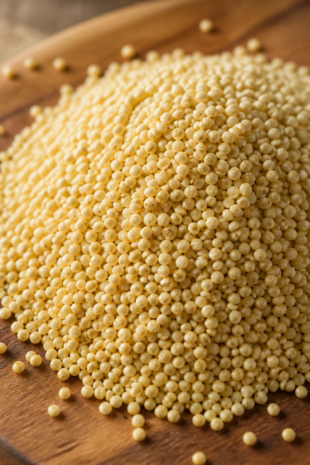 Close-up of millet grains on wooden board
