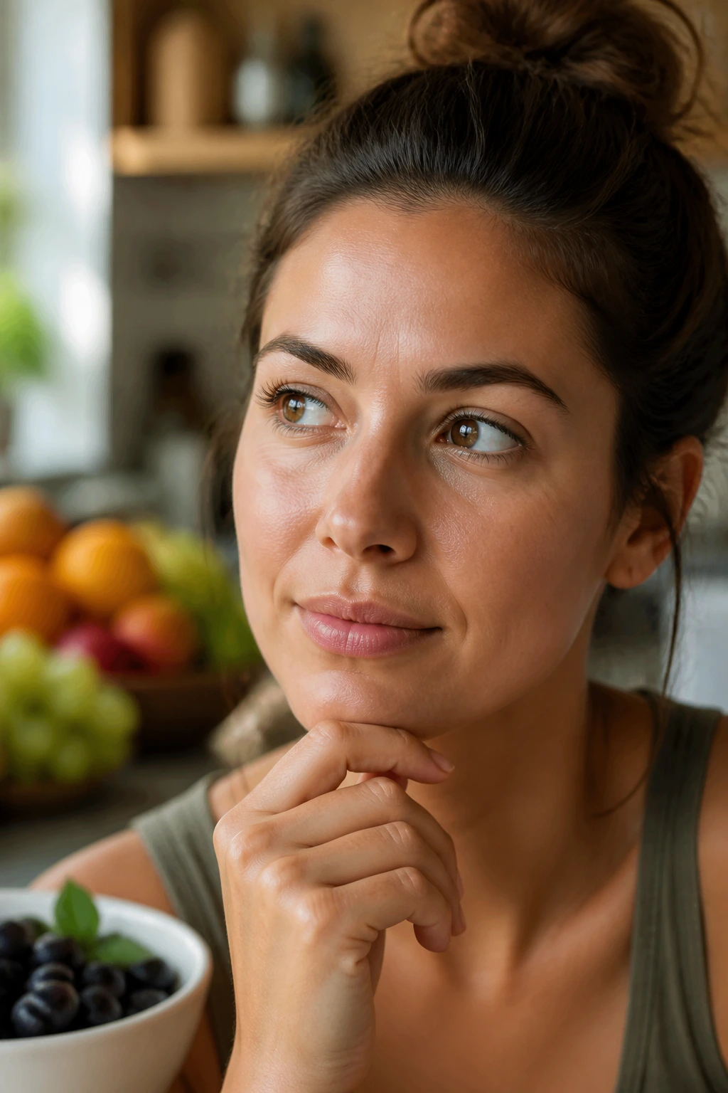 Close-up portrait of a woman in a kitchen reflecting mindful eating on a low FODMAP diet