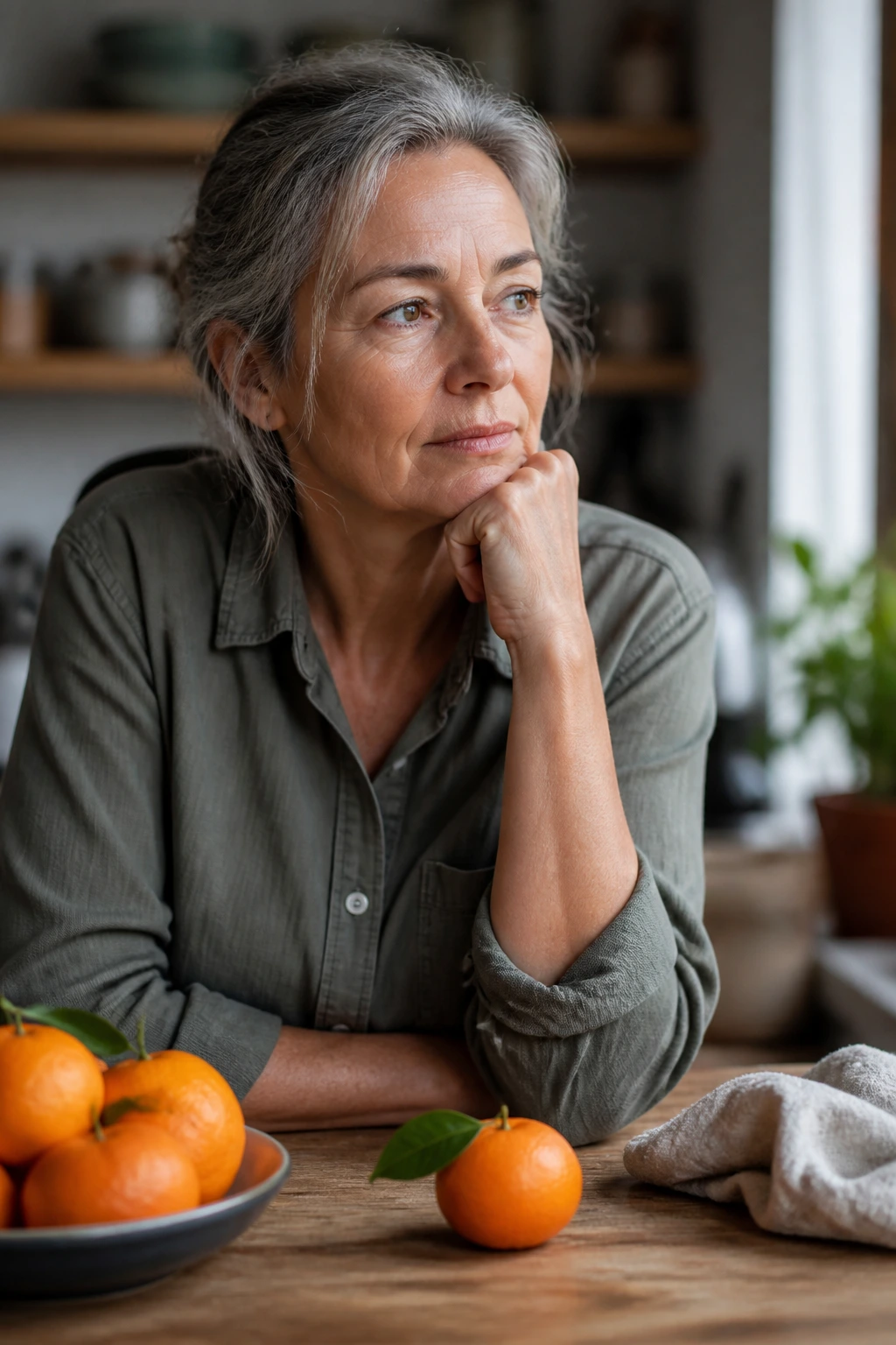 Portrait of a real person with a thoughtful expression in a kitchen
