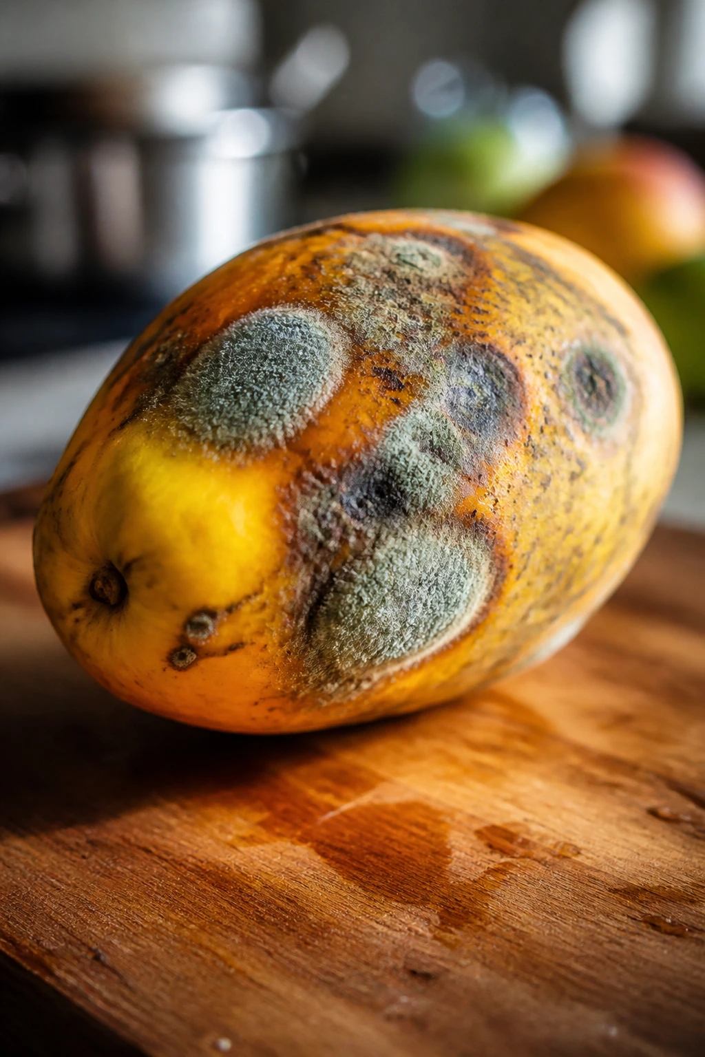 Fuzzy mold on a mango skin shown in a home kitchen