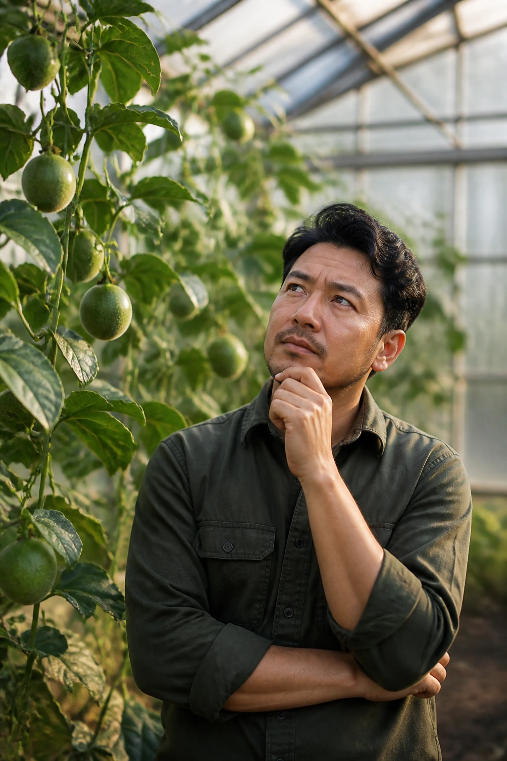Portrait of a real person in a greenhouse with monk fruit plants, thoughtful