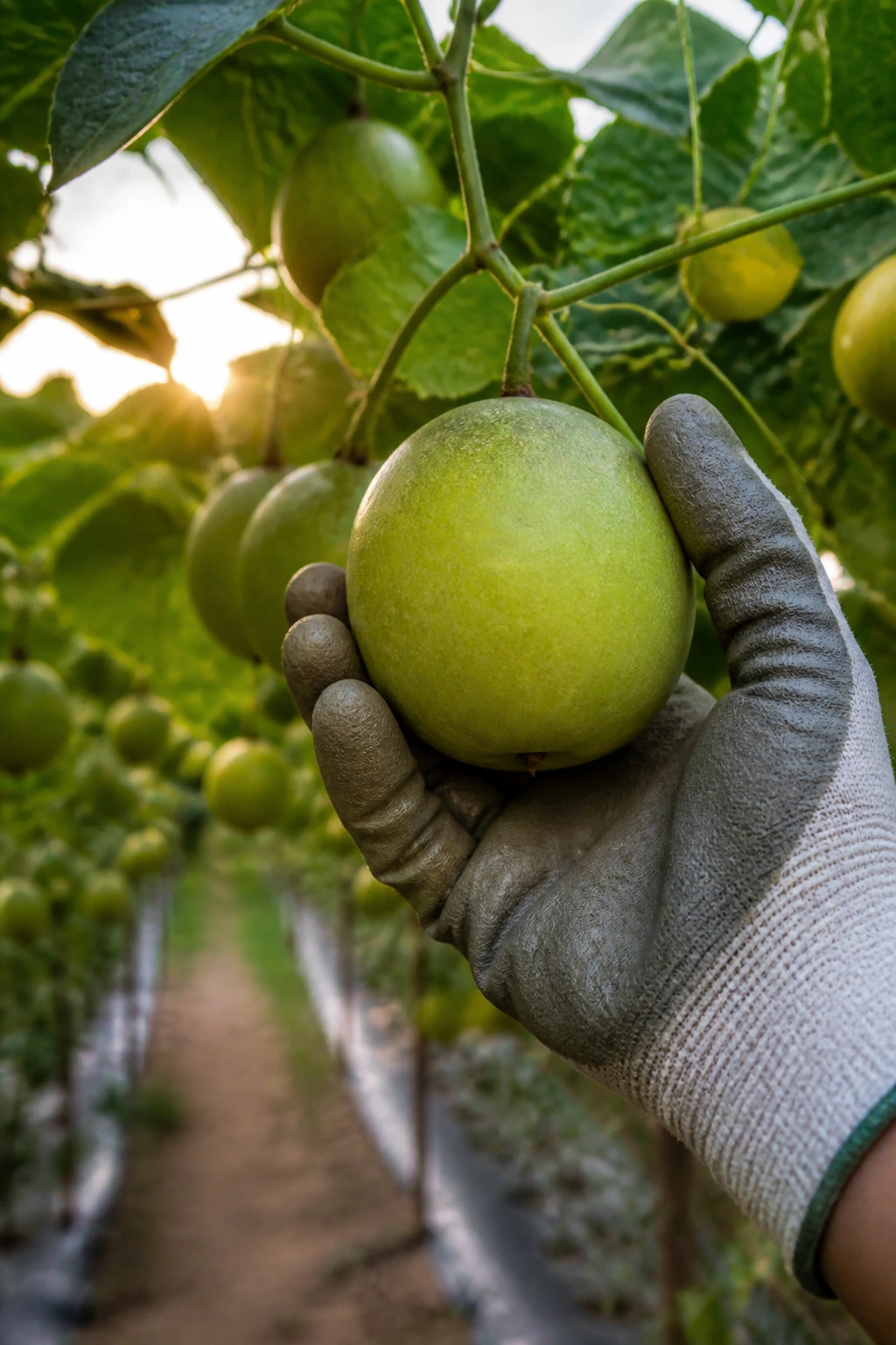 Ripe monk fruit being harvested from vines with gloved hand
