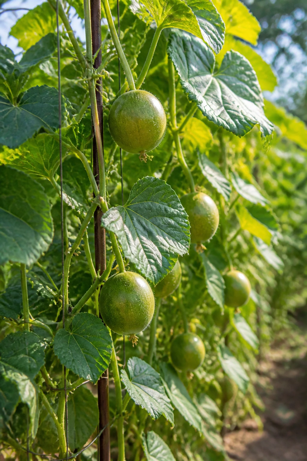 Healthy monk fruit plant on a trellis in a sunlit garden