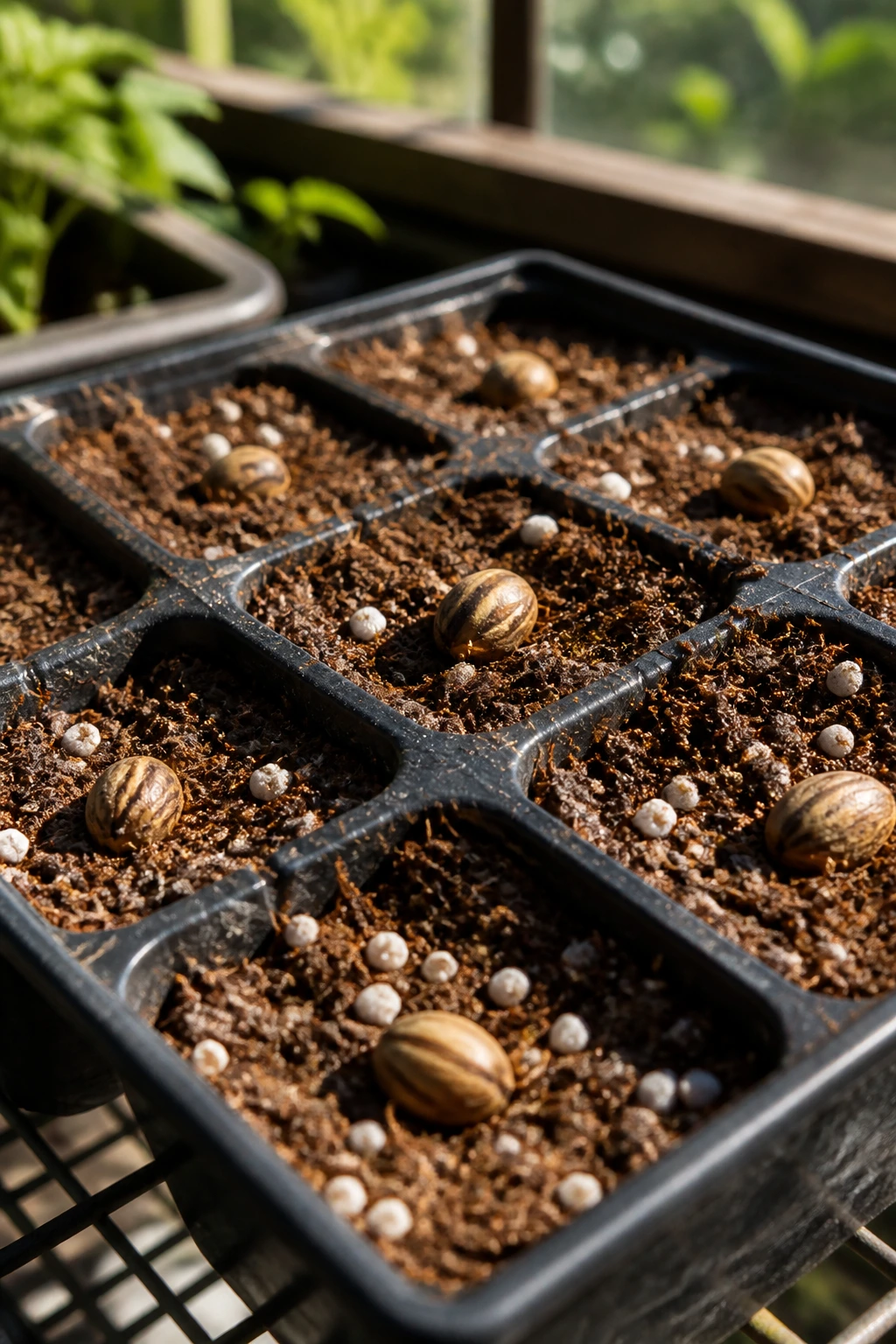 Close-up of monk fruit seeds in seed tray for germination with moist soil