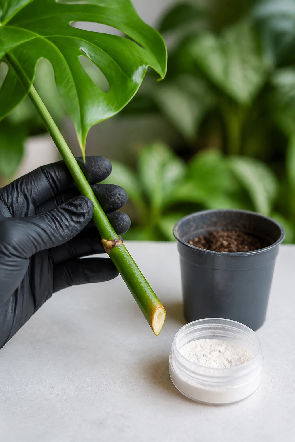 How To Propagate Swiss Cheese Plant:Â Step-By-Step Guide 2 Monstera deliciosa stem cutting with leaf node and slanted cut held by hand near rooting hormone and pot