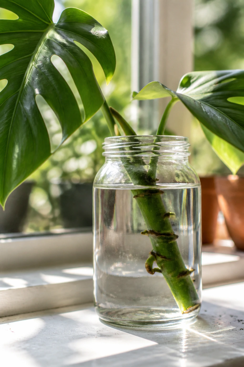 How To Propagate Swiss Cheese Plant:Â Step-By-Step Guide 5 Monstera cutting in water in a glass jar on a sunny windowsill