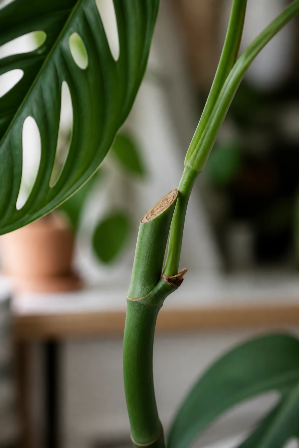 How To Propagate Swiss Cheese Plant:Â Step-By-Step Guide 6 Monstera stem with a slanted propagation cut below a leaf node