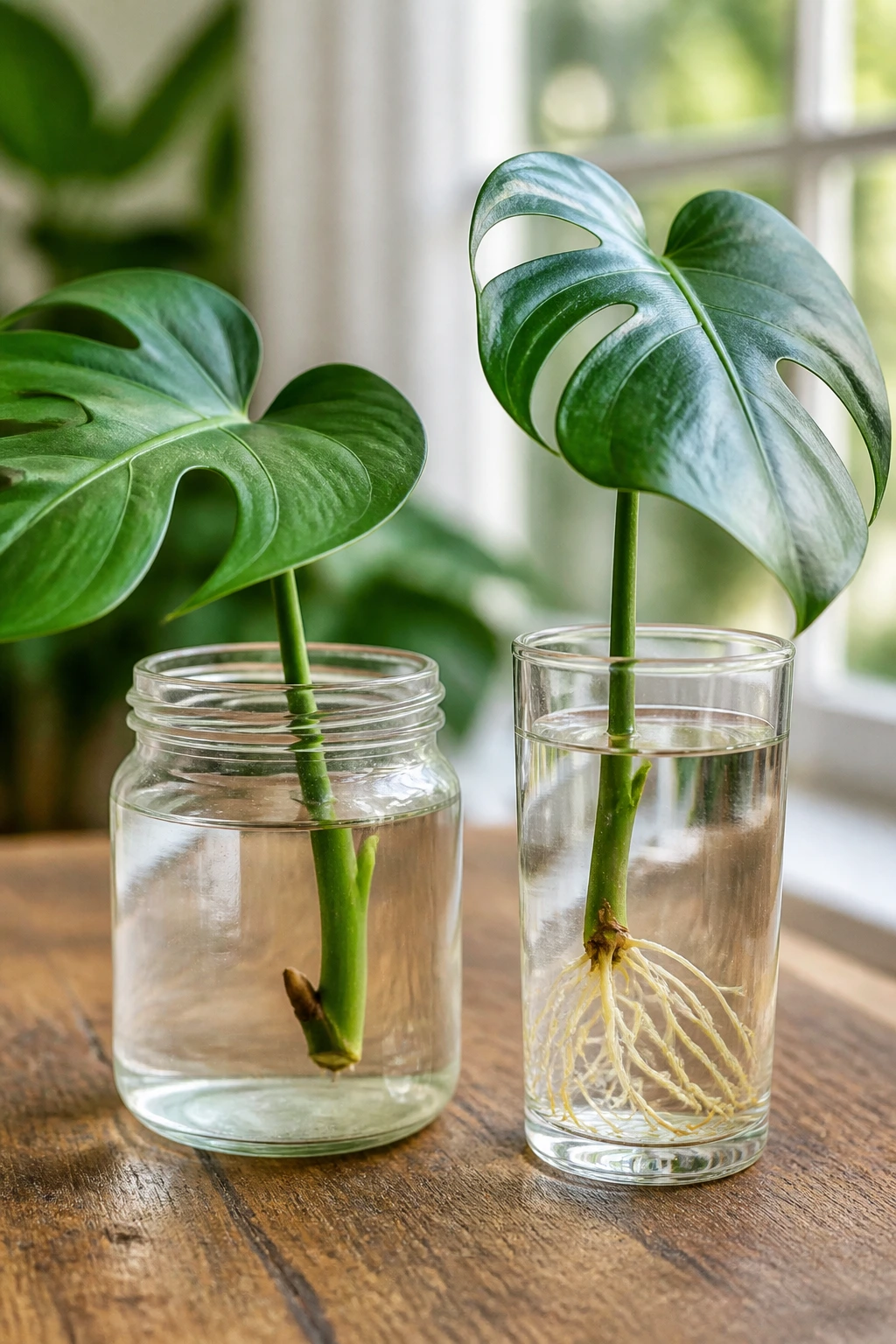 How To Propagate Swiss Cheese Plant:Â Step-By-Step Guide 8 Monstera deliciosa cuttings showing rooting stages in containers