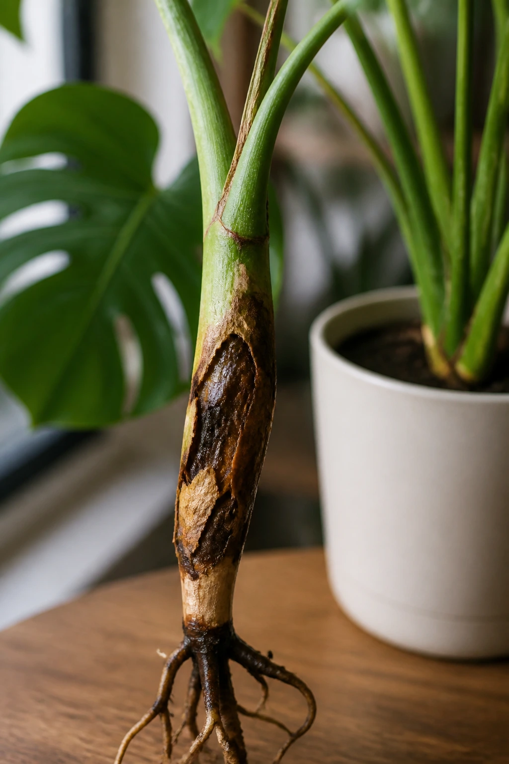 How To Propagate Swiss Cheese Plant:Â Step-By-Step Guide 4 Monstera stem with rot near base, indicating stem rot issue