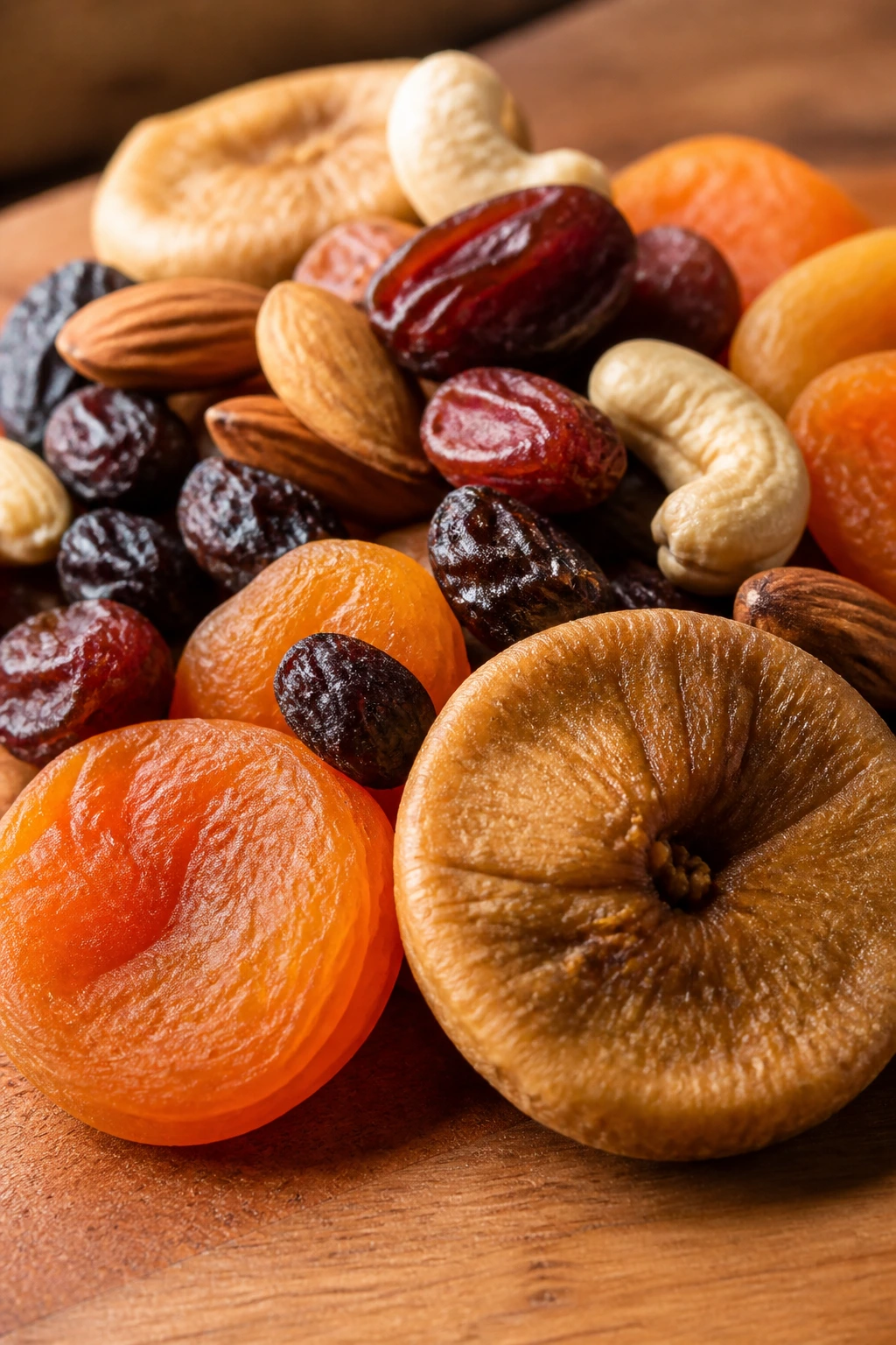 12 Incredible Benefits Of Eating Dry Fruits In The Morning 12 Close-up of dried fruits on wood evoking mood-boosting effects
