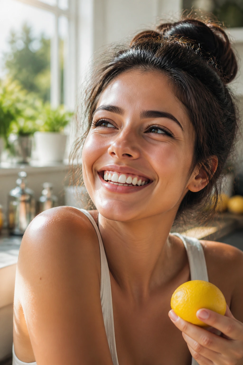 7 Incredible Health Benefits Of Eating Meyer Lemons 7 Close-up portrait of a real person showing a bright, energized mood in a sunny kitchen.