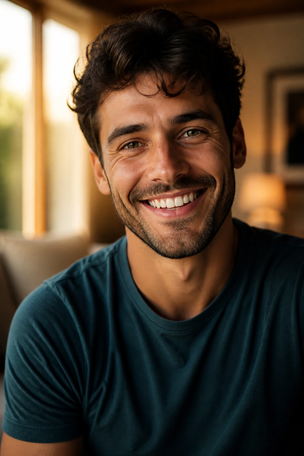 Close-up of a smiling man in a cozy home, illustrating mood improvement