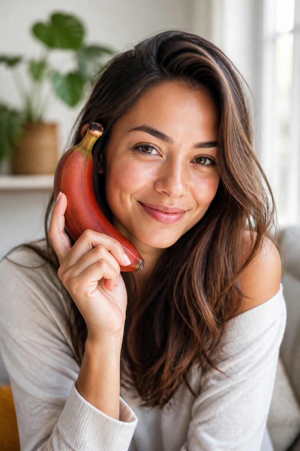 Portrait of a smiling person with a red banana near the face.