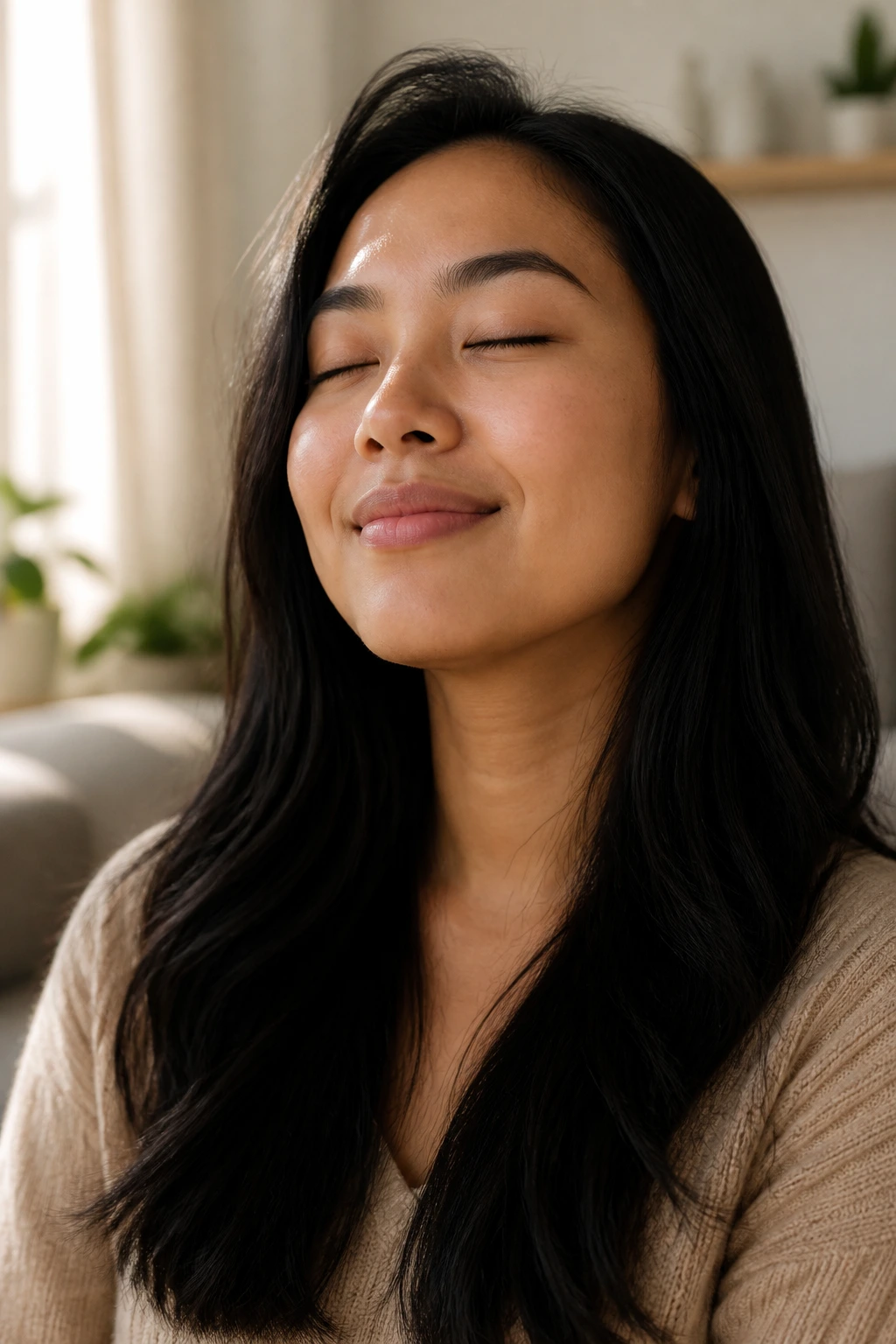 Calm, serene portrait of a person in a cozy living room reflecting stable mood