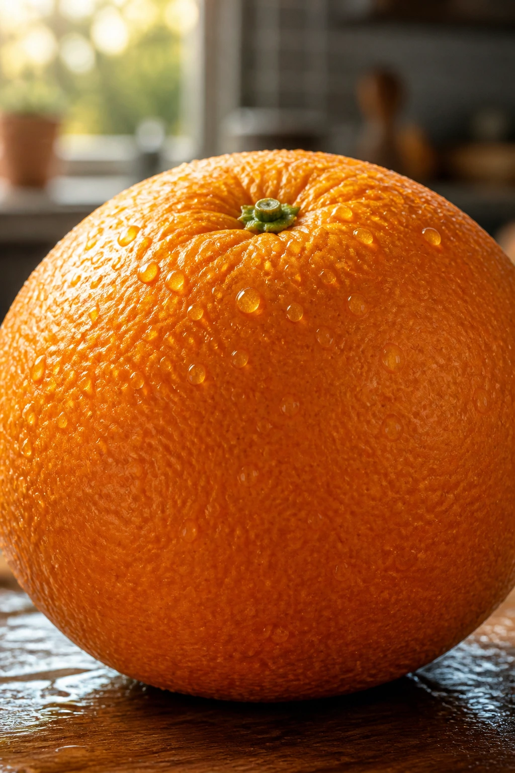 Advantages & Disadvantages Of Eating Fruits In Empty Stomach 1 Close-up of a single orange filling the frame with warm morning kitchen light