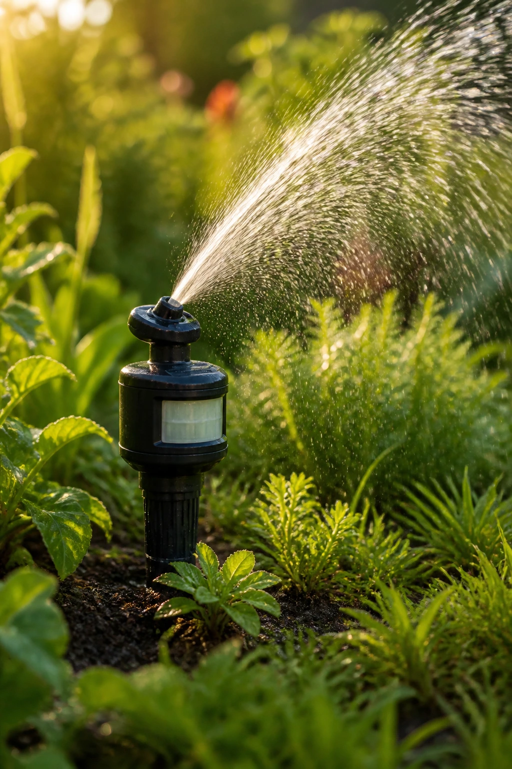Motion-activated sprinkler spraying water in a garden bed.