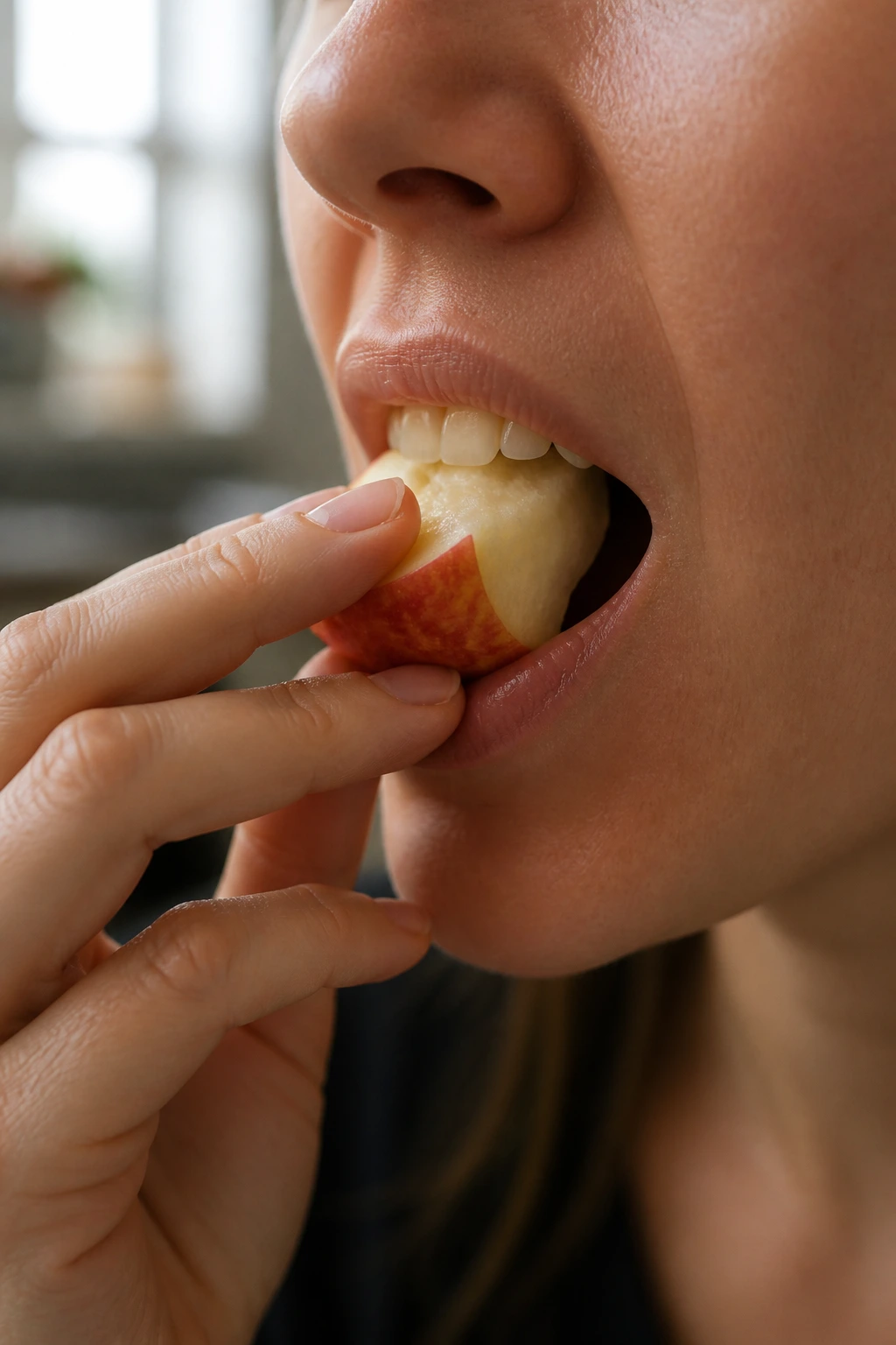 How Long Does Fruit Take To Digest? 1 Close-up of a person chewing fruit, illustrating digestion