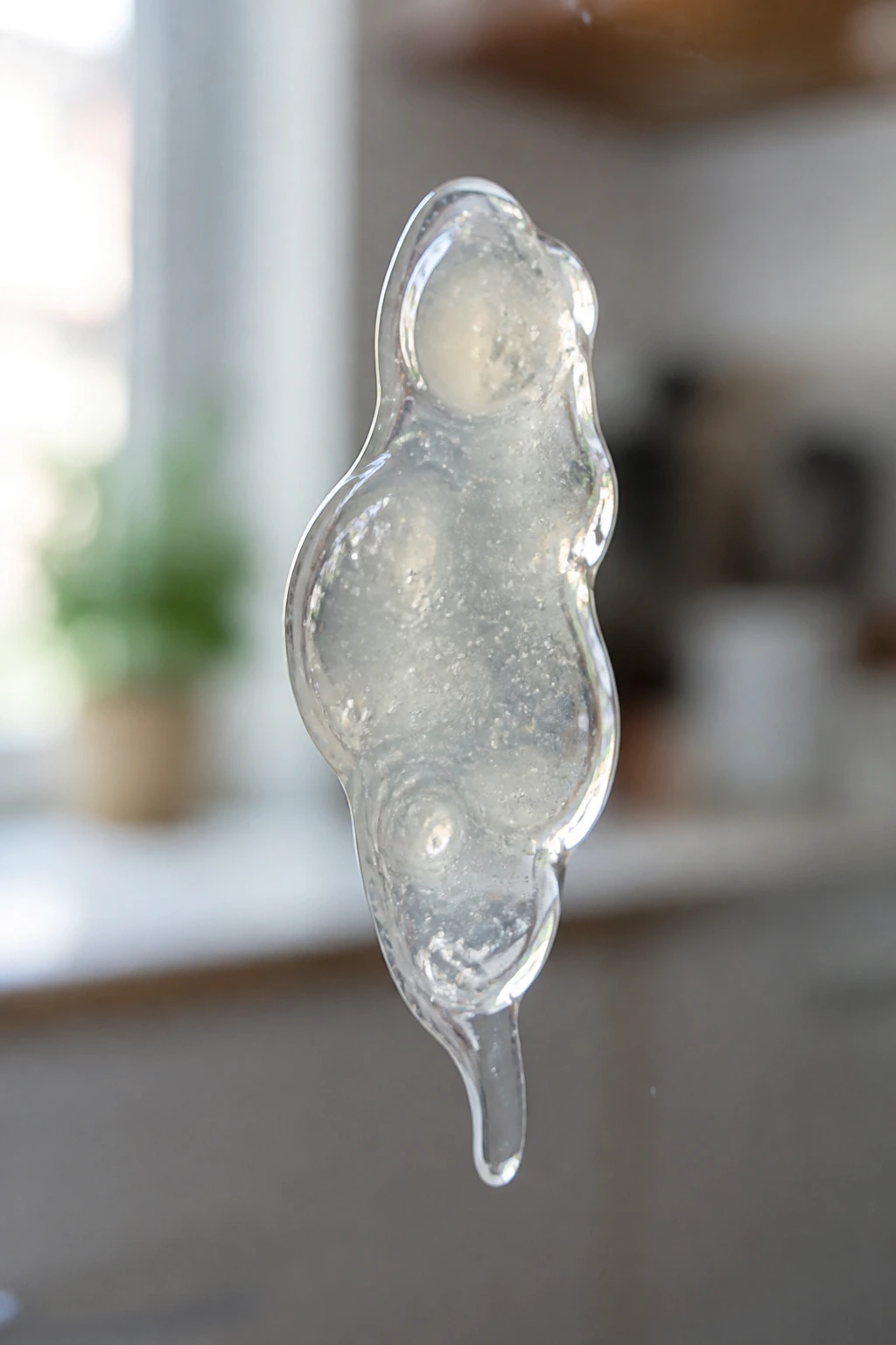 Bananas and Nausea: Do Bananas Cause Mucus? 3 Macro image of a translucent mucus droplet on glass with a soft, neutral kitchen background.