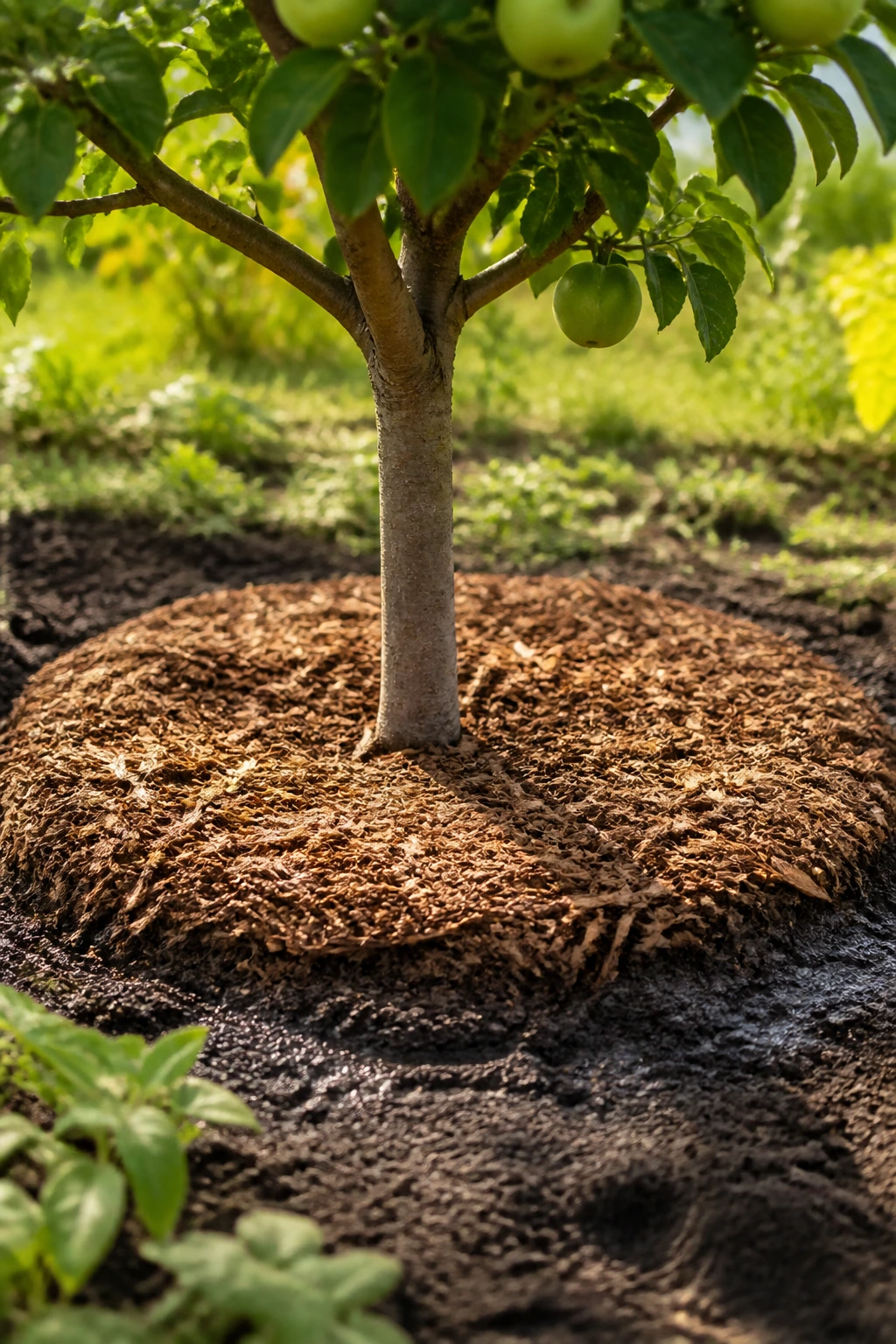 The Pros And Cons Of Mulching Fruit Trees 4 Even mulch ring around fruit tree base in a garden