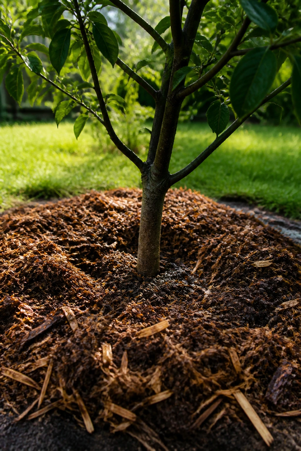The Pros And Cons Of Mulching Fruit Trees 1 Close-up of mulch around the base of a fruit tree in a garden