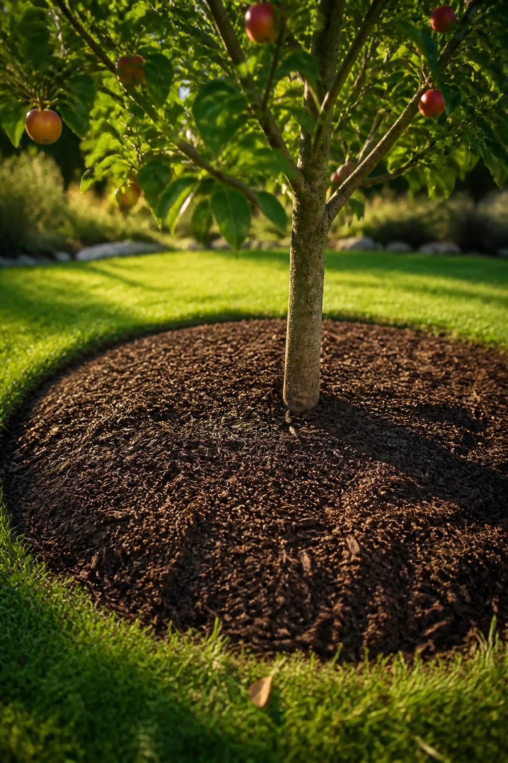 The Pros And Cons Of Mulching Fruit Trees 2 Mulch ring around a fruit tree in a garden