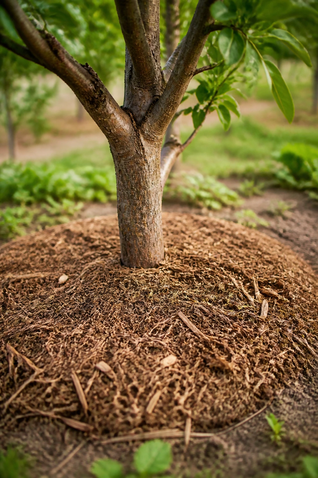 The Pros And Cons Of Mulching Fruit Trees 3 Close-up of tree base with mulch ring in a garden