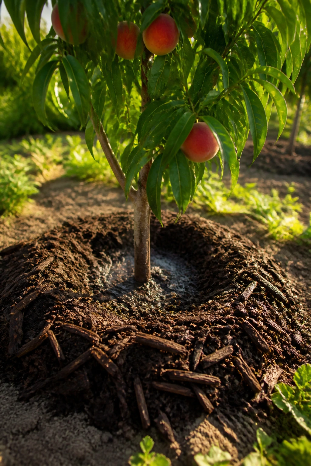 Signs That You Are Underwatering or Overwatering Peach Tree 5 Mulch around the base of a peach tree in a garden, helping soil retain moisture.