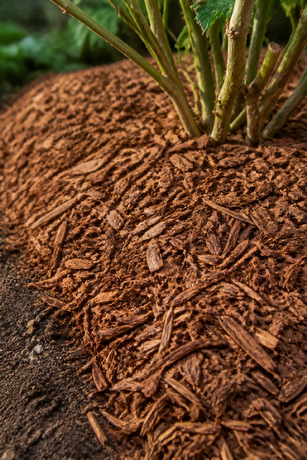 Even mulch layer around base of blackberry bush in garden bed