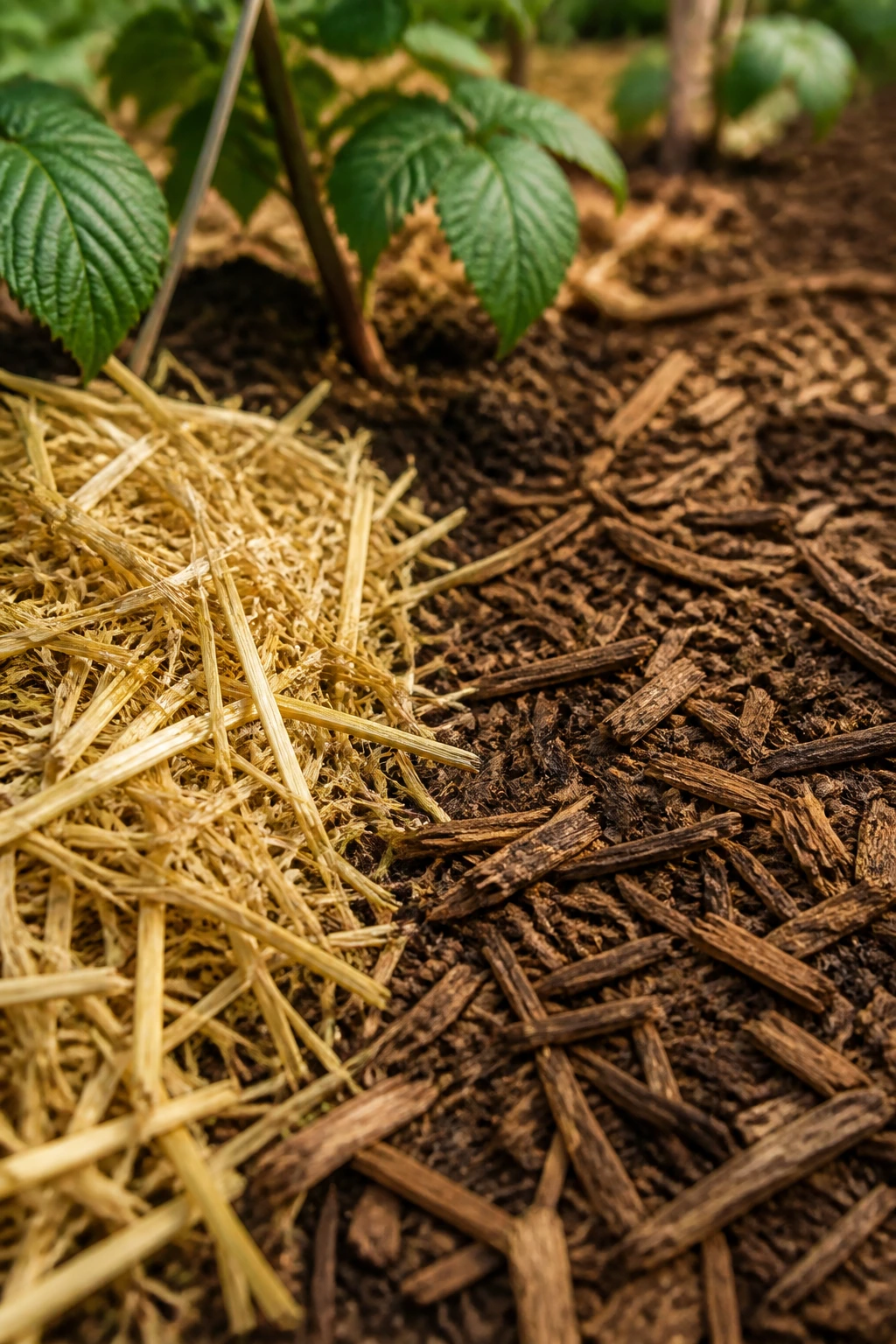 Close-up of straw mulch and wood chip mulch on garden soil