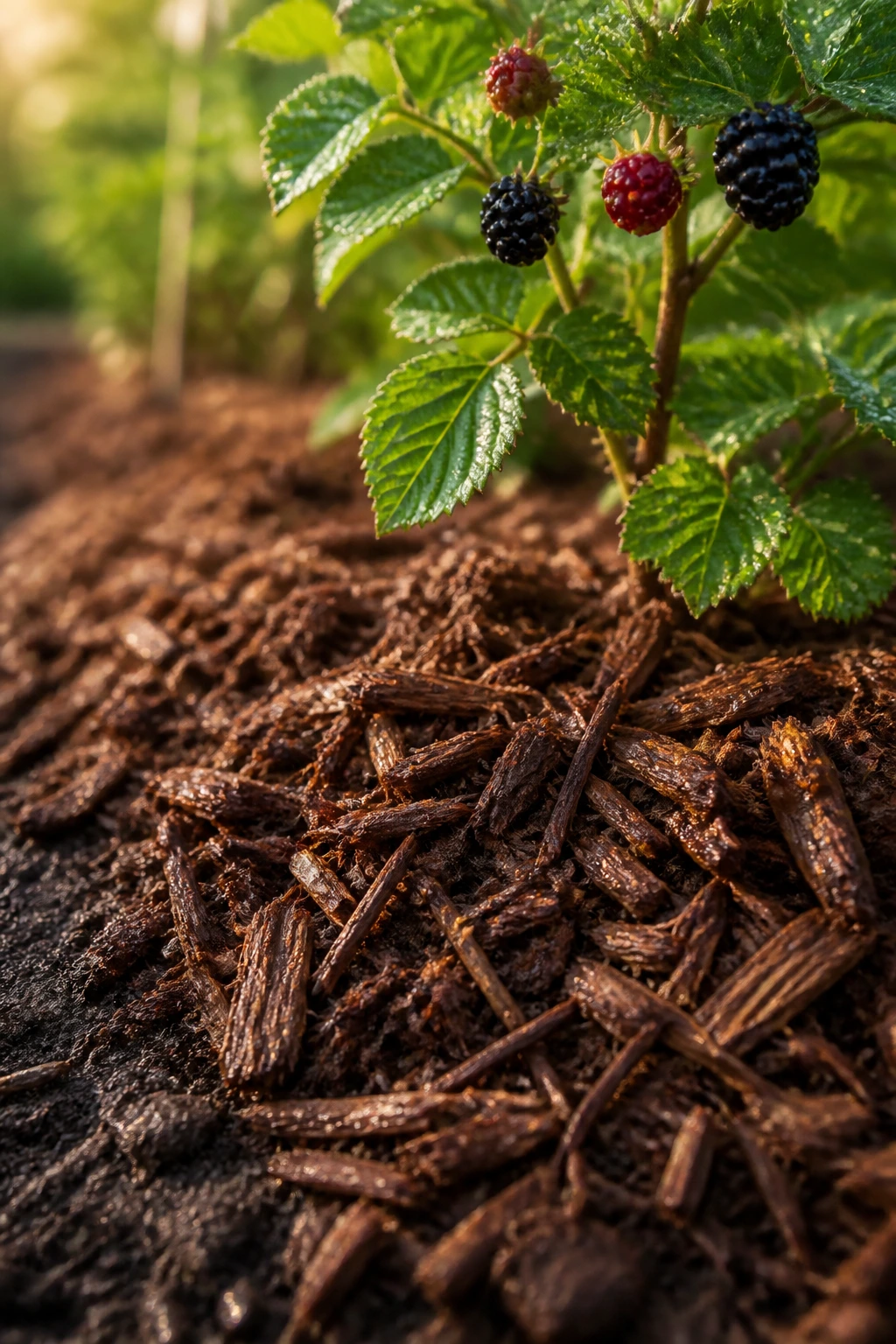 Close-up of mulch surrounding the base of a blackberry bush in a garden