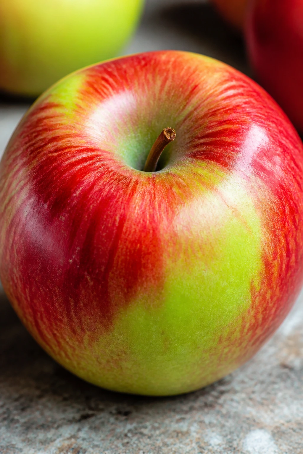 Fruit Color Development: What Determines Every Fruit Color? 3 Close-up of a multicolored apple showing red and green skin, illustrating mix of fruit colors