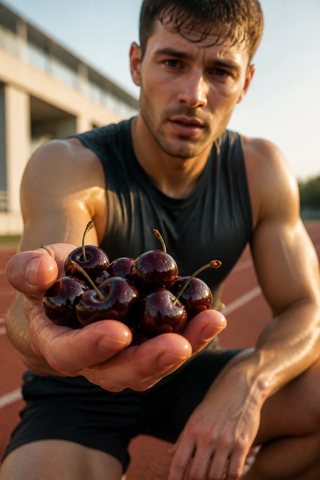 10 Surprising Health Benefits Of Black Cherries 8 Athlete after workout holding black cherries, highlighting muscle recovery