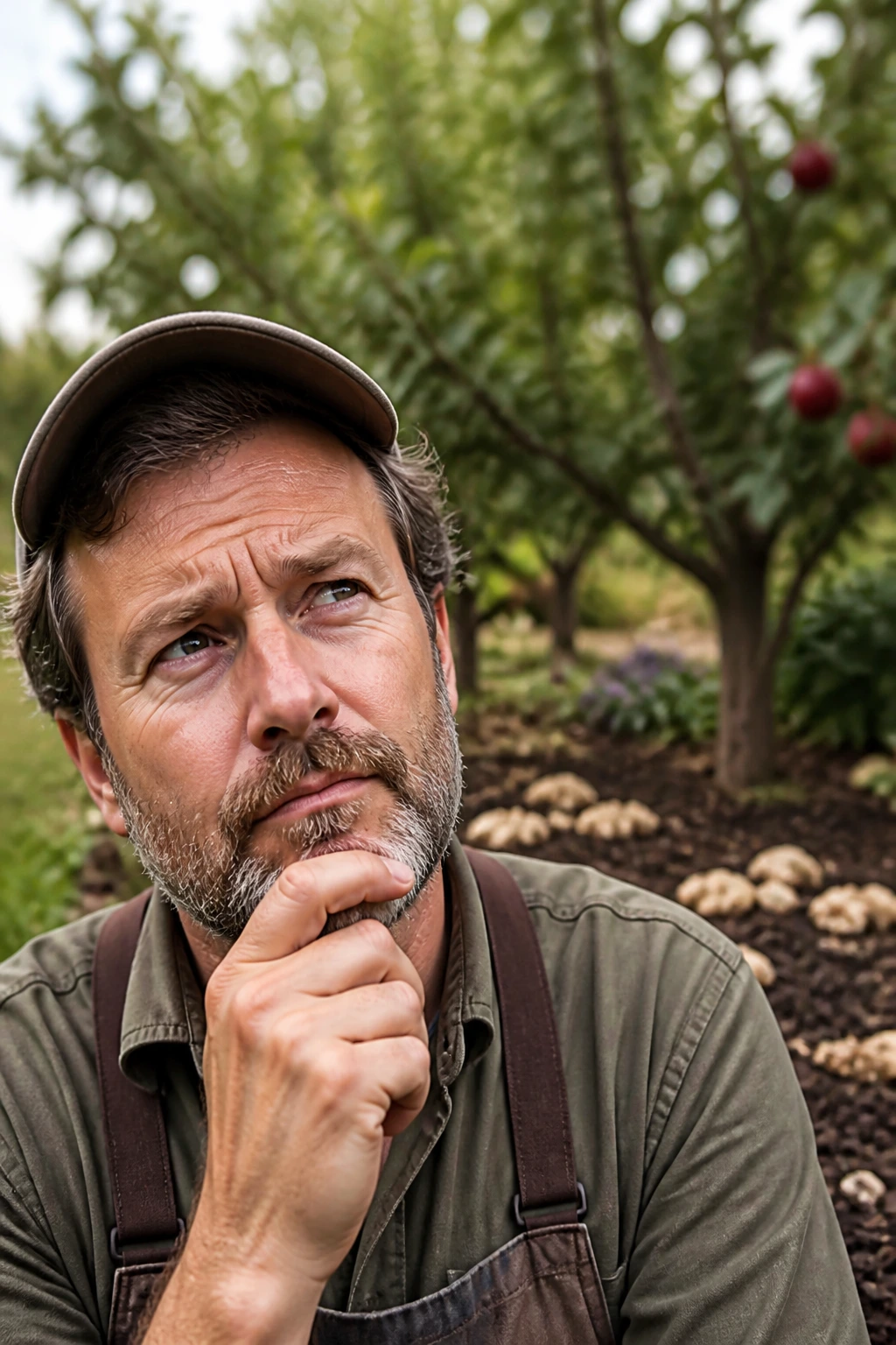 Is Mushroom Compost Good For Fruit Trees Or Not? 8 Close-up gardener portrait with mushroom compost enriched bed and fruit trees background