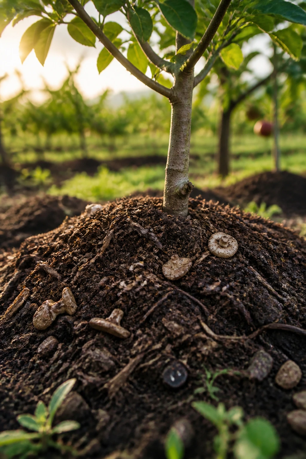 Is Mushroom Compost Good For Fruit Trees Or Not? 2 Close-up of fruit tree base with mushroom compost mulch