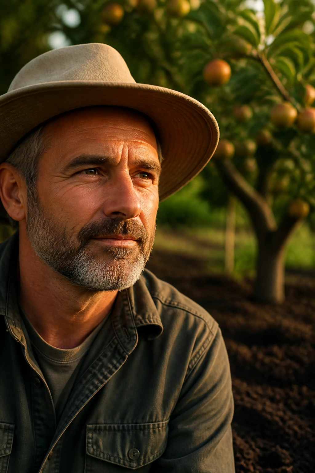 Is Mushroom Compost Good For Fruit Trees Or Not? 7 Close-up gardener portrait with mushroom compost-rich soil and fruit trees in background